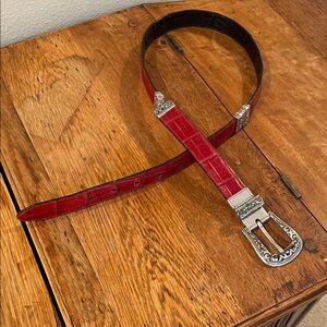 Brighton Reversible Leather Belt–Red Croc Embossed & Black, Silve Buckle,Size 32